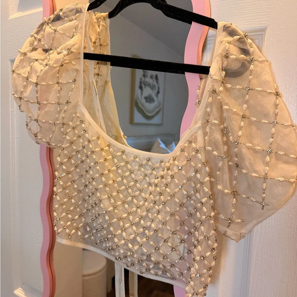Anthropologie Beaded Puff Sleeve Embellished Top